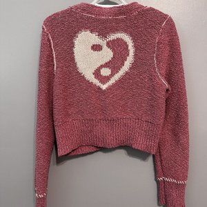PILCRO Anthropologie Icon Yin Yang Heart Cropped Cardigan Sz PL Large Knit Pink